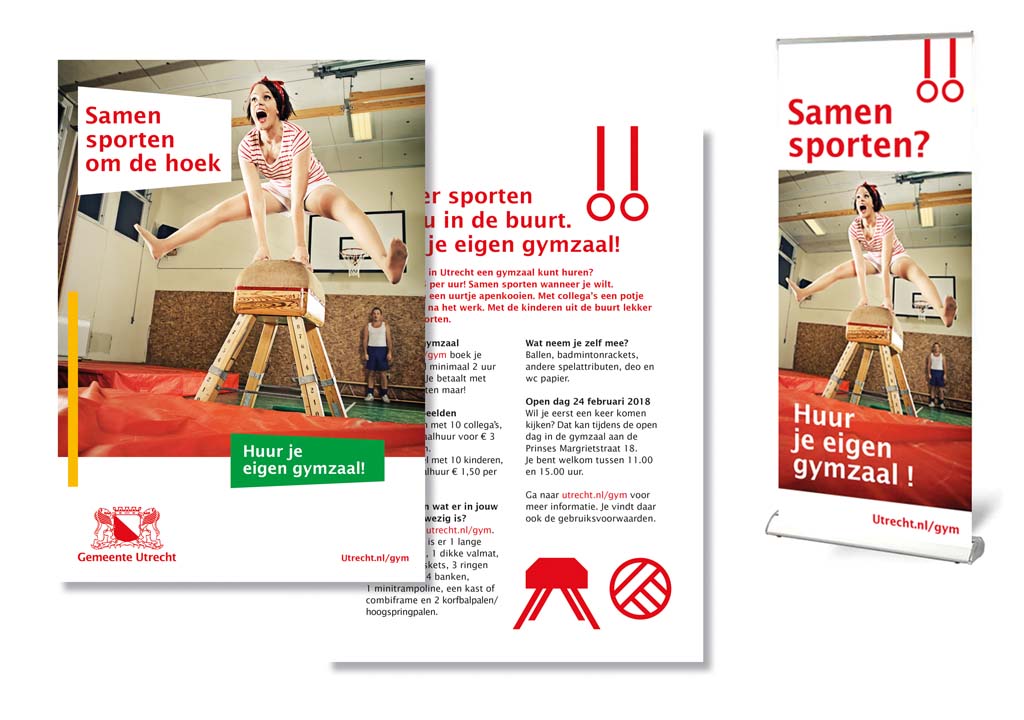 Campagne ontwerp voor Gymzaal verhuur promotie in Utrecht concept en ontwerp PuurElise